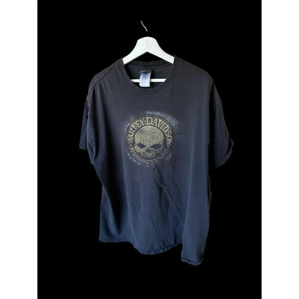 Vintage Y2K Harley Davidson Skull Black‎ T Shirt Men's XXL Biker Thrashed *flaws